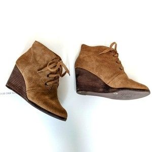 Lucky Brand Tan Suede Leather Almond Toe Wedge Heel Ankle Booties